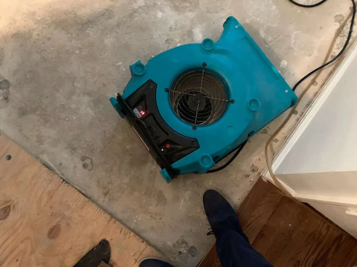 Air mover drying subfloor during Commercial Water Damage Restoration in Glennville